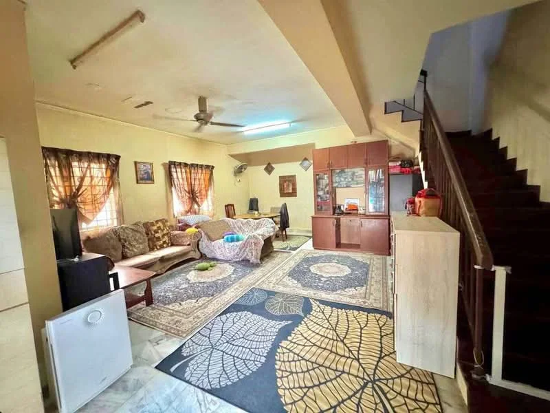 Living features: 3-seater fabric sofa in beige, 2-seater fabric sofa in brown, coffee table, area rug with geometric pattern, wall-mounted TV, wooden TV console, ceiling fan, recessed lighting, decorative wall art, curtains on windows, marble flooring, staircase leading to upper floor; style: traditional.