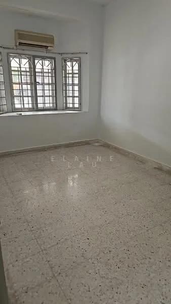 Room features: white painted walls, terrazzo flooring, 1 wall-mounted split AC, 3 casement windows with metal grilles, no visible furniture or decor.