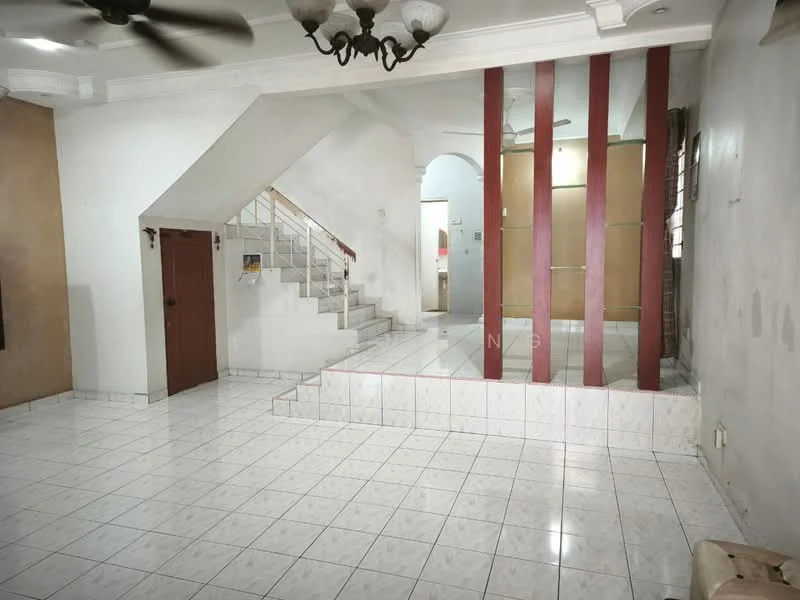 Living features: white tiled flooring, cream painted walls, exposed brick wall, ceiling fan, chandelier, staircase with white railing, step-up area, large windows, open layout, partition wall with red accents; style: modern.