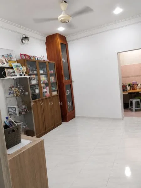 Room features: white painted walls, glossy tile flooring, ceiling fan, recessed downlights, wooden display cabinet, glass-front cabinet, open shelving, decorative items on shelves, doorway leading to another room; style: modern.