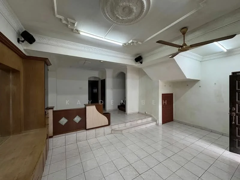 Room features: white painted walls, ceiling with decorative plasterwork, dropped ceiling, 5-blade ceiling fan, ceramic tile flooring, staircase, wooden cabinetry, built-in shelving, wall-mounted ventilation grilles, door with security grille; style: traditional.