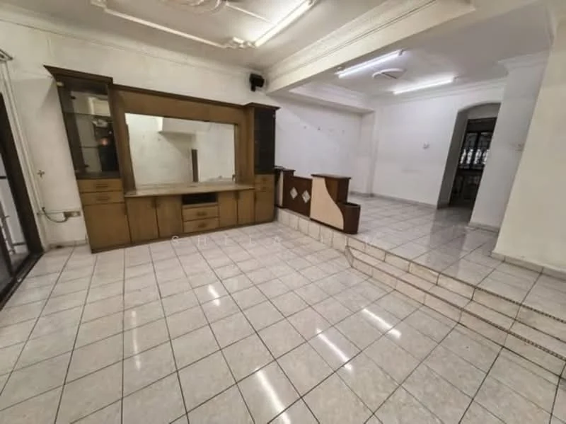 Living features: white painted walls, tile flooring, built-in wooden cabinetry, mirror panel, step-up area, recessed ceiling with lighting, ceiling rose, large windows, open layout; style: traditional.