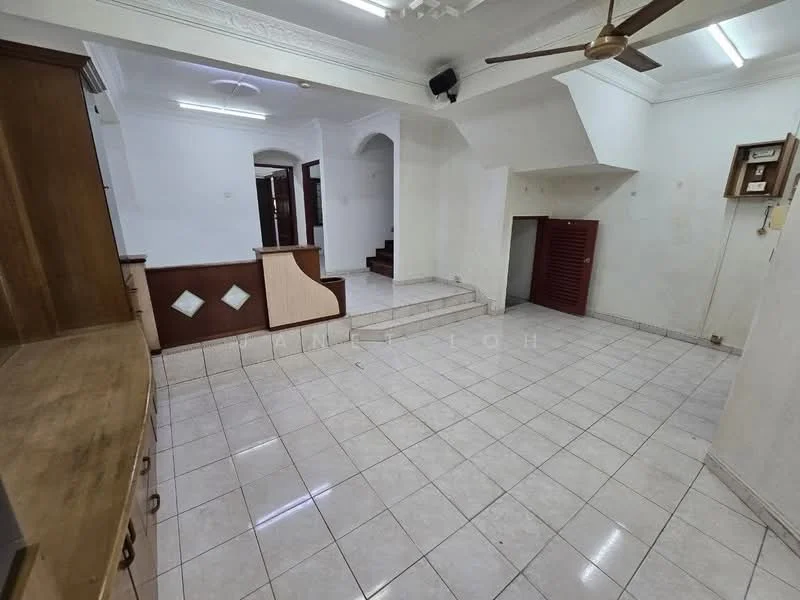 Living features: white painted walls, ceramic tile flooring, ceiling fan, staircase leading to upper floor, built-in cabinetry, recessed lighting, decorative ceiling with crown moulding, open layout, wall-mounted feature with diamond accents; style: modern.
