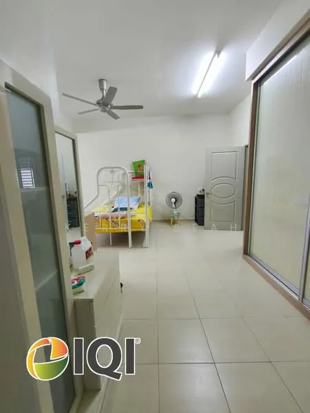 Bedroom features: white painted walls, tile flooring, 5-blade ceiling fan, single bed with yellow bedding, built-in wardrobe with sliding doors, window with frosted glass, standing fan, nightstand, light fixture on ceiling; style: modern.