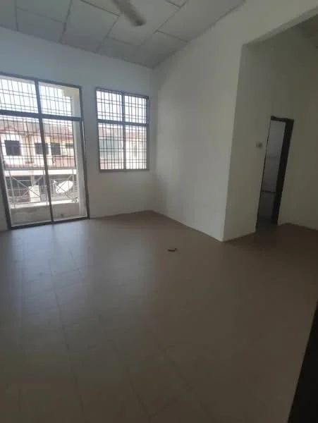 Room features: white painted walls, tile flooring, large windows with metal grilles, sliding glass door, high ceiling, ceiling fan; style: minimalist; view: city.