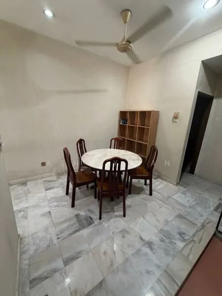 Dining features: round marble dining table, 5 wooden dining chairs, ceiling fan, marble flooring, cream painted walls, built-in wooden bookshelf, wall-mounted electrical outlet.