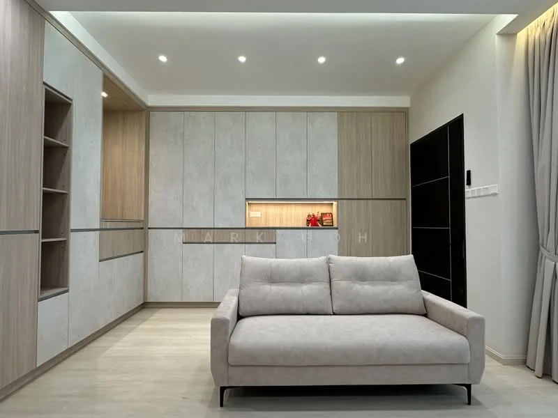 Living features: light grey fabric sofa, built-in cabinetry with light wood finish, white textured wall panels, recessed LED downlights, light wood flooring, black door, open shelving, decorative niche with lighting; style: modern.