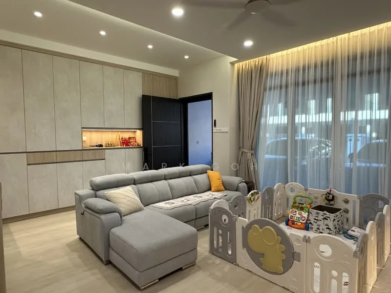 Living features: light grey fabric sectional sofa, coffee table, built-in cabinetry with light wood accents, recessed LED downlights, floor-to-ceiling windows with sheer curtains, light wood flooring, decorative wall with light grey panels, playpen with colorful toys; style: modern.