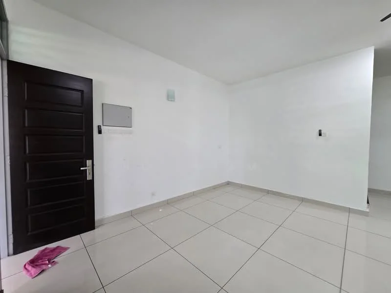 Room features: white painted walls, tile flooring, dark wooden door, intercom panel, light fixture on wall, no visible furniture, clean and empty space; style: modern.