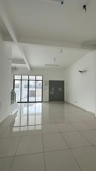 Living features: white painted walls, polished ceramic tile flooring, large floor-to-ceiling windows, sliding glass door, recessed downlights, exposed ceiling beams, air conditioning unit, decorative wall with letters; style: modern.