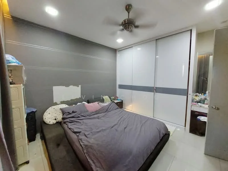 Bedroom features: king-size bed with grey bedding, upholstered headboard, built-in wardrobe with sliding doors, grey accent wall, ceiling fan, laminate flooring, nightstand with decorative items, wall-mounted light fixture; style: modern.