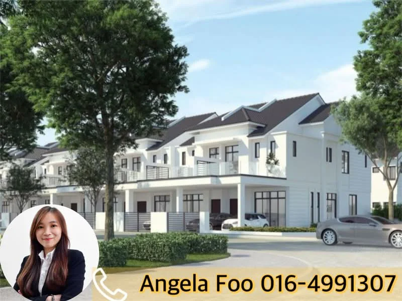 Exterior type: linked terrace house; features: white painted facade, flat roof, two-storey building, manicured lawn, paved driveway, balconies on upper floor, large windows, surrounded by greenery; style: modern.