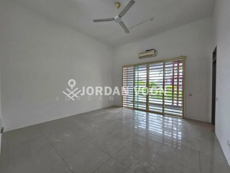 Room features: white painted walls, polished ceramic tile flooring, 5-blade ceiling fan, wall-mounted split AC, large sliding windows with horizontal slats, natural light from windows, no visible furniture, high ceiling; style: modern; view: garden.