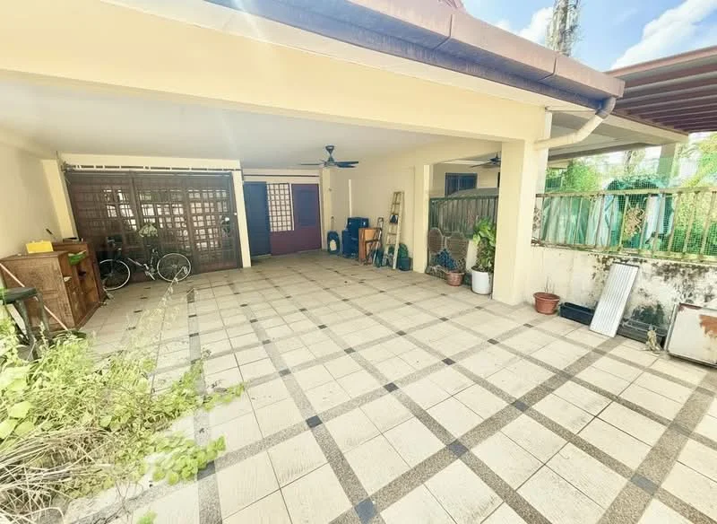 Exterior features: paved flooring, ceiling fan, bicycle, wooden storage cabinet, potted plants, fenced area, covered patio, open space, natural light, surrounding greenery; style: modern.