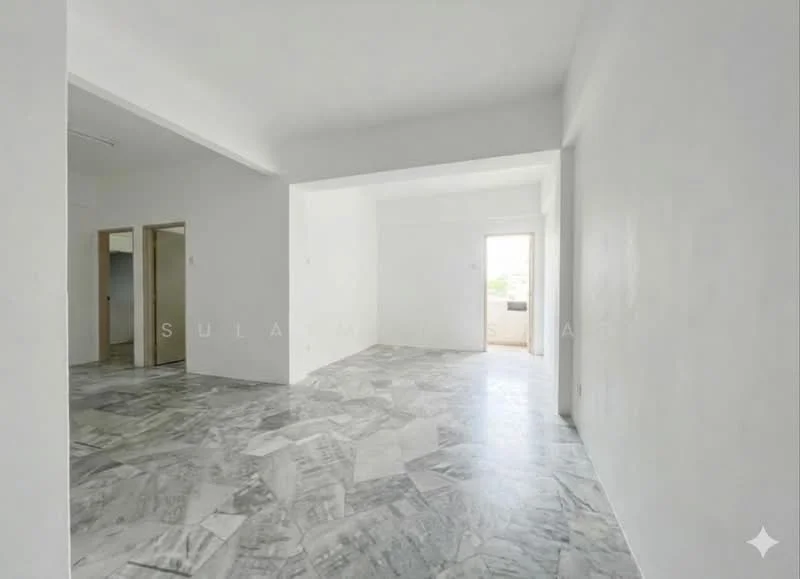 Room features: white painted walls, marble flooring, natural light from window, open layout, doorway leading to another room, doorway leading to balcony, plain ceiling, no visible fixtures or furniture; style: minimalist.