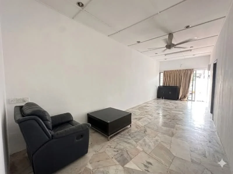 Living features: grey fabric recliner chair, black coffee table, marble flooring, white painted walls, ceiling fan, curtains in beige, built-in cabinet, natural light from windows.