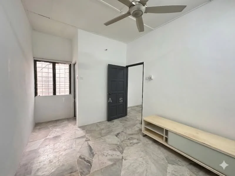 Room features: white painted walls, marble flooring, ceiling fan, window with grille, black door, wooden TV console, light switch, corner wall; style: minimalist.