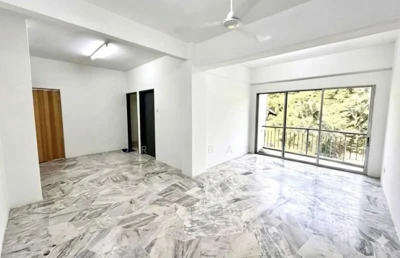 Room features: marble flooring, white painted walls, ceiling fan, floor-to-ceiling windows, sliding glass door, balcony access, natural light, open layout; style: modern; view: garden.