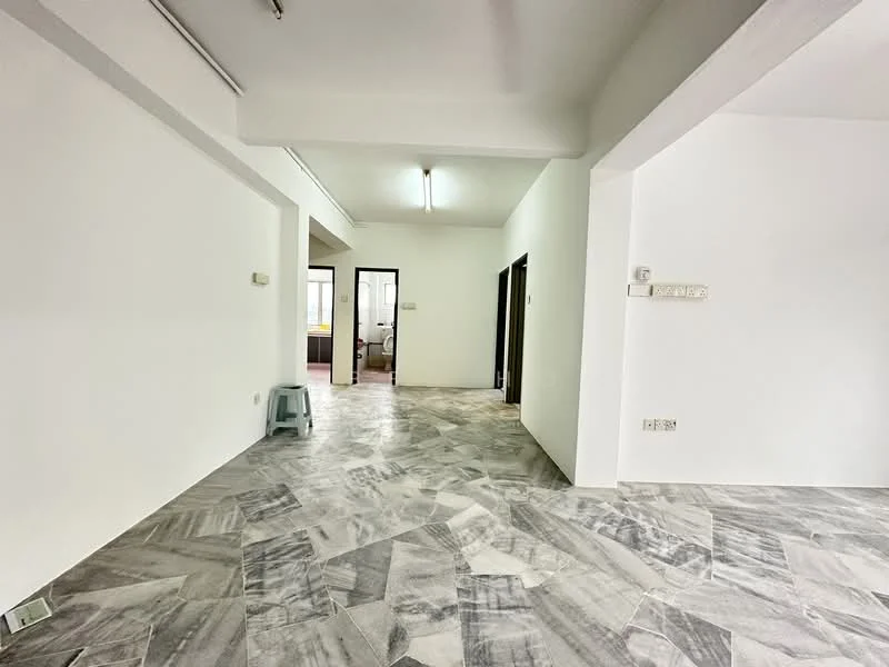 Room features: white painted walls, marble tile flooring, ceiling lights, open layout, doorway leading to another room, doorway leading to hallway, natural light from windows, neutral color scheme; style: modern.