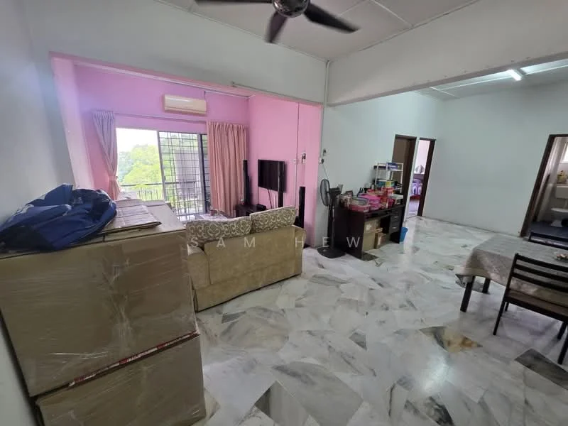 Living features: marble flooring, pink painted walls, sofa in beige, wall-mounted TV, ceiling fan, large window with view, coffee table, dining table with chairs, decorative items on shelves; style: modern; view: garden. Room features: white walls, doorway leading to another room.