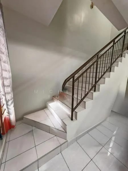 Room features: white painted walls, ceramic tile flooring, staircase with metal railing, natural light from window, curtains with patterned design, steps leading to upper level; style: modern.