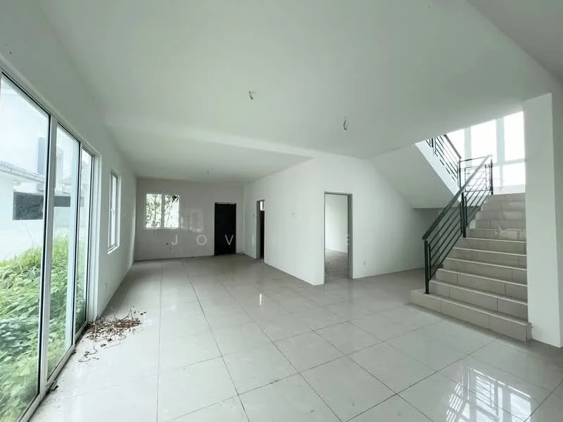 Living features: white painted walls, glossy ceramic tile flooring, floor-to-ceiling windows, staircase with metal railing, natural light from windows, open layout, no visible furniture, minimalist design; style: modern; view: garden.