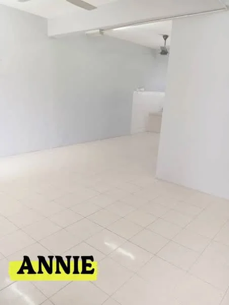 Room features: white painted walls, glossy ceramic tile flooring, ceiling fan, open layout, natural light, neutral color scheme; style: modern.