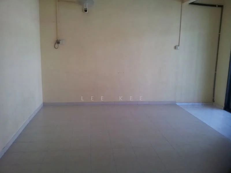 Room features: yellow painted walls, tile flooring, single ceiling light fixture, corner window, doorway leading outside.