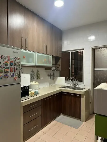 Kitchen features: brown wooden cabinetry, white countertop, stainless-steel fridge, built-in oven, double-bowl stainless-steel sink, chrome pull-down faucet, tile backsplash, ceramic tile flooring, recessed downlights, magnetic knife strip, kitchen appliances on countertop, wall-mounted cabinets, open shelving, window with frosted glass, door leading to laundry area; style: modern.