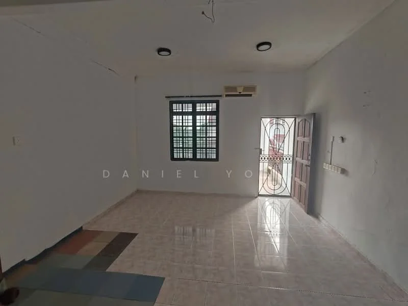 Room features: white painted walls, tiled flooring in light grey, ceiling with recessed downlights, window with grid pattern, wall-mounted split AC, main entrance door, light switch, power outlet.