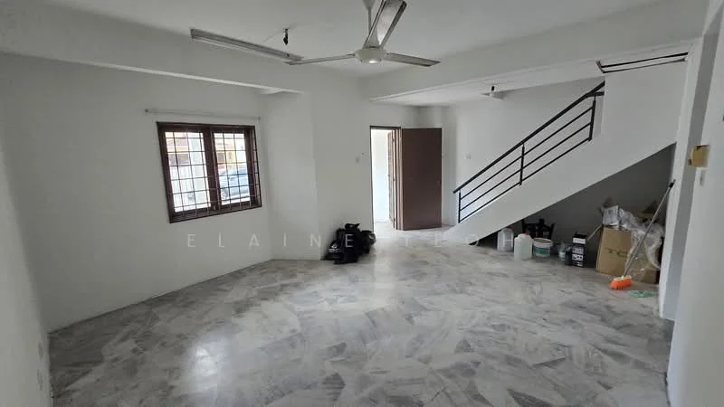 Living features: marble flooring, white painted walls, ceiling fan, large window with grid pattern, staircase leading to upper floor, open layout, doorway leading to another room, storage boxes and items in the corner.