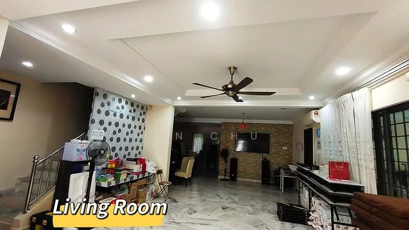 Living features: marble flooring, tray ceiling with recessed lighting, 5-blade ceiling fan with light, wall-mounted TV, decorative stone feature wall, large windows with sheer curtains, open layout, various boxes and items stored, piano, upholstered armchair; style: modern.
