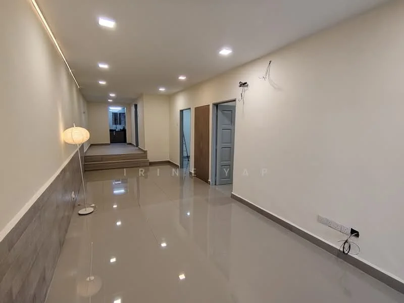 Room features: glossy tile flooring, white painted walls, recessed downlights, wall-mounted light fixture, doorway leading to another room, doorway with grey door, neutral color scheme, no visible furniture; style: modern.
