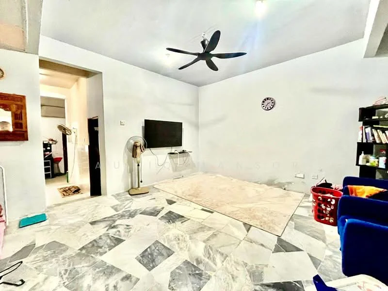 Living features: marble flooring, white painted walls, 5-blade ceiling fan, wall-mounted TV, area rug, freestanding fan, decorative wall clock, open shelving unit, basket for storage; style: modern. Room features: doorway leading to another room, light source from ceiling.