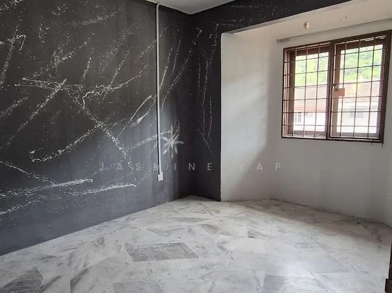 Room features: grey accent wall, white painted walls, marble tile flooring, window with metal grille, natural light from window; style: modern.