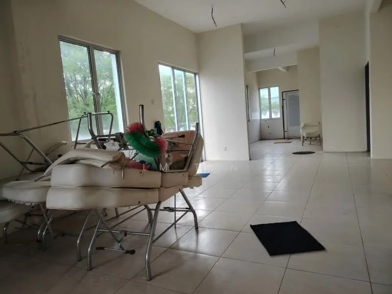 Room features: large windows, white painted walls, tile flooring, open layout, visible furniture, neutral color scheme, natural light, unfinished ceiling with exposed wiring; style: modern; view: garden.