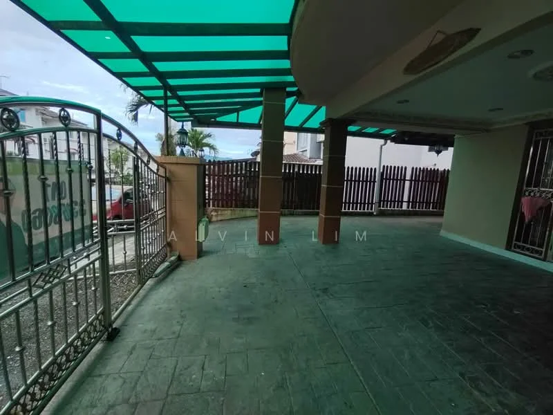Exterior features: covered patio with green awning, decorative metal railing, stamped concrete flooring, fenced perimeter, paved walkway, landscaped area with gravel, outdoor lighting fixtures, surrounding palm trees; style: modern.