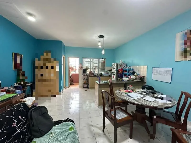 Living features: turquoise painted walls, white tiled flooring, round wooden dining table, 4 wooden dining chairs, wall-mounted light fixture, open layout to kitchen, decorative wall art, window with natural light, refrigerator, kitchen counter with storage, various items on kitchen counter.