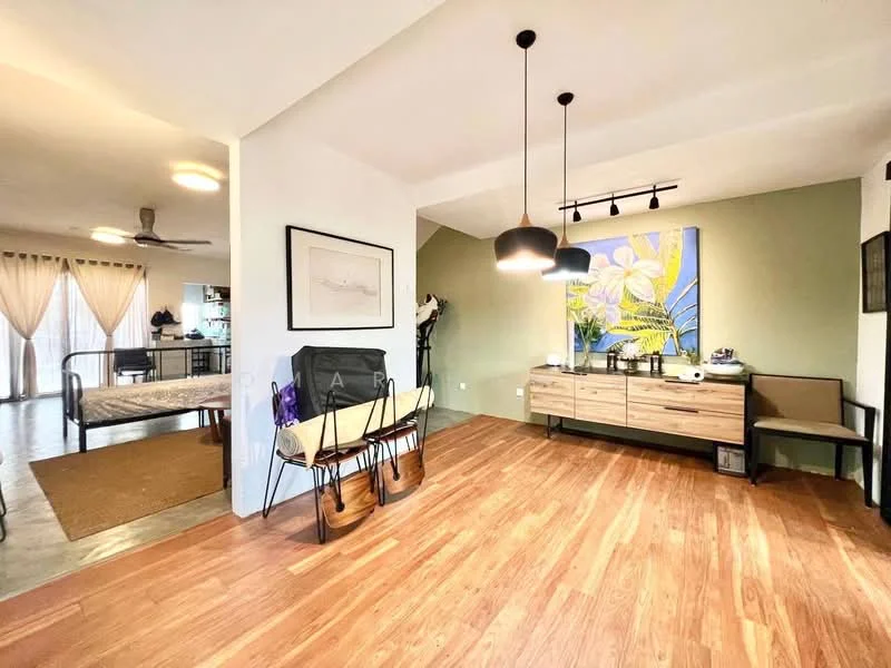 Living features: wood flooring, green accent wall, recessed downlights, pendant lighting, large artwork on wall, dining table with chairs, sideboard cabinet, open layout, natural light from windows; style: modern. Room features: bed with bedding, floor-to-ceiling windows with curtains, ceiling fan.