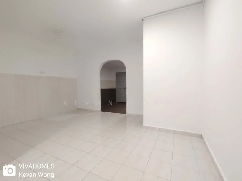 Room features: white painted walls, light-colored tiled flooring, arched doorway, ceiling fan, neutral color scheme, no visible furniture, plain ceiling, corner with wall paneling; style: minimalist.