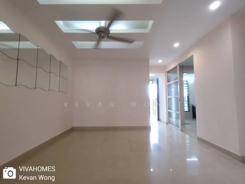 Room features: white painted walls, polished floor tiles, 5-blade ceiling fan, recessed ceiling with lighting, large mirror on wall, open layout, natural light from windows, neutral color scheme; style: modern.