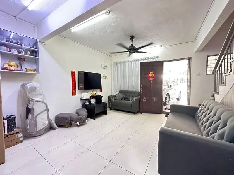 Living features: grey fabric sofa, 2-seater sofa, 3-seater sofa, wall-mounted TV, TV console, ceiling fan, white painted walls, tile flooring, curtains, decorative wall shelf, door leading outside, decorative items on shelf; style: modern.