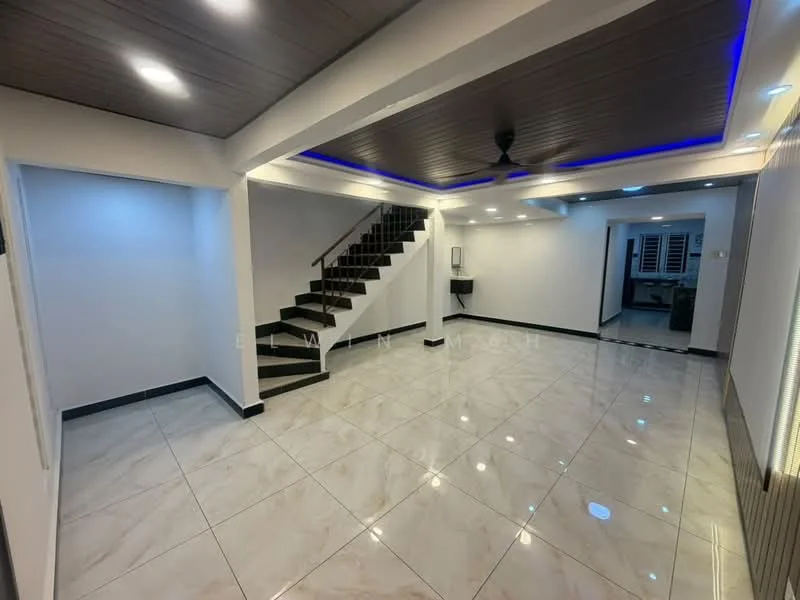 Room features: white painted walls, dark wood ceiling with recessed lighting, marble tile flooring, staircase with dark wood steps, ceiling fan, LED strip lighting, wall-mounted basin, black accents, open layout, large windows, neutral color scheme; style: modern.