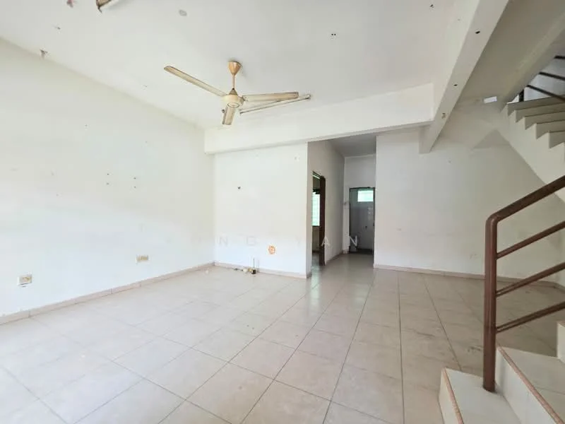Living features: white painted walls, tile flooring, 5-blade ceiling fan, window with natural light, staircase leading to upper floor, open layout, no visible furniture, neutral color scheme.