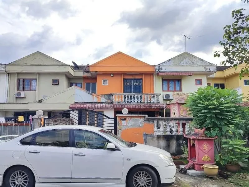Exterior type: linked terrace house; features: orange painted facade, cream painted facade, white railings on balcony, multiple air conditioning units, decorative elements on roof, paved driveway, landscaped garden with shrubs, statue in garden, two-storey structure, front porch area; style: modern.
