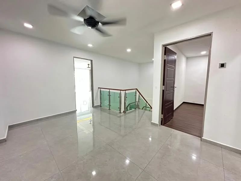 Room features: grey polished tile flooring, white painted walls, recessed LED downlights, 5-blade ceiling fan, glass railing, wooden door, door frame, natural light from window; style: modern.