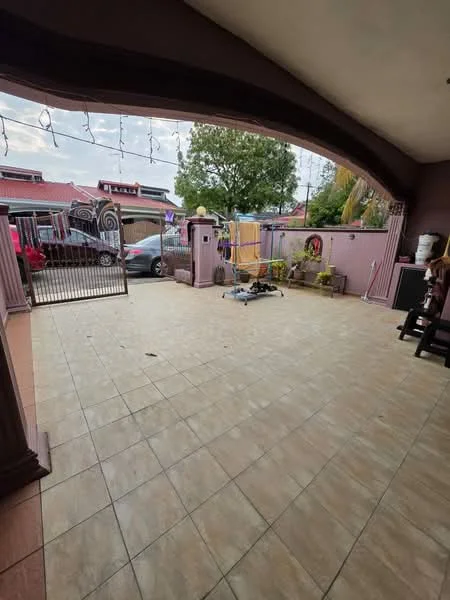 Exterior type: linked terrace house; features: tiled flooring, arched entrance, manicured garden area, decorative wall with niches, gated entrance, outdoor lighting, car parking space, surrounding greenery, open space for outdoor activities; style: modern.