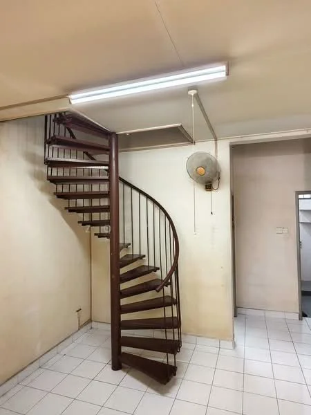 Room features: spiral staircase with wooden steps, metal railing, white tiled flooring, plain painted walls in beige, ceiling light fixture, wall-mounted ceiling fan; style: minimalist.