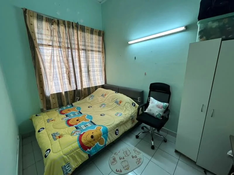 Bedroom features: green painted walls, white tiled flooring, queen-size bed with colorful bedding, window with sheer curtains, desk chair, built-in wardrobe, LED strip lighting, decorative wall art.