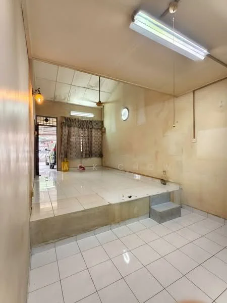 Room features: white painted walls, glossy white tile flooring, ceiling with fluorescent lights, window with sheer curtains, round window, step-up platform, corner with stairs, natural light from window; style: minimalist.